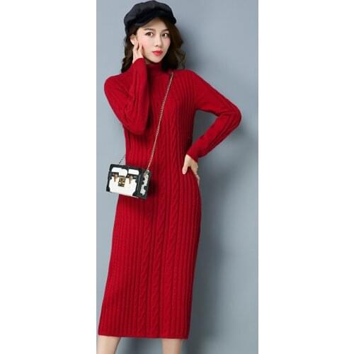 Autumn Fashion Knitting Cotton Long Dress Elegant Women Turtleneck Pullover Dress Winter Warm Slim Pullovers Sweater Dress