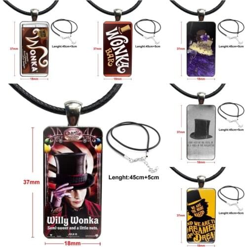 For Women Kids Gift Glass Cabochon Pendant Necklace Rectangle Fashion Necklace Golden Bar Willy Wonka Chocolate