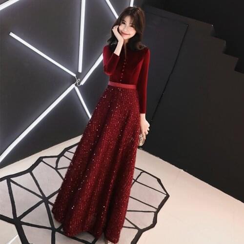 Fashion Luxury Velour Long Sleeve Evening Dress Banquet Elegant Sequins Prom Formal Gown Vestidos De Fiesta De Noche Cheongsam