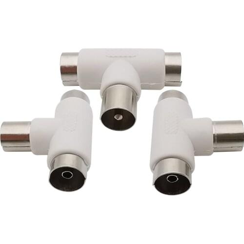 T Type 2 Way TV Splitter Aerial Coaxial Cable TV Male Plug to 2x Female Jack Antenna Connectors Adapters White