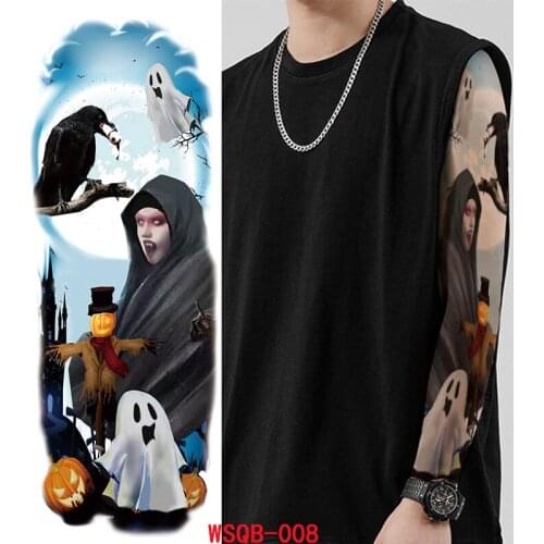 Temporary Tattoo Sticker Halloween Crow Scarecrow Pumpkin Ghost Full Arm Art Flash Tatoo Sleeve FakeTatto for Men Women
