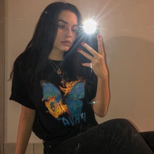 Harajuku Gothic Vintage cartoon butterfly letter Summer girls ins punk short-sleeve casual print tops hip hop Chic Women T-shirt