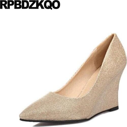 Gold Glitter Heels 2017 Sequin Size 4 34 Prom High Women Gray Pointed Toe Golden 3 Inch Wedge Chinese Fashion Spring New Autumn