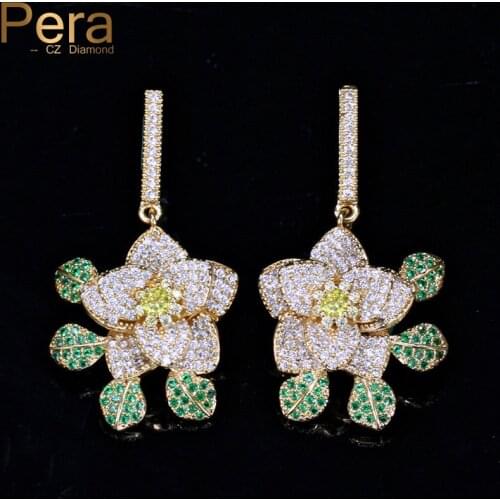 Pera Full Shinning Micro Pave Cubic Zirconia Big Flower Green Long Dangle Silver Colour Earrings for Women Party E060