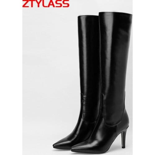 2021 Sexy Stiletto Knee High Boots Pu Leather Women Boots Fashion High Heel Long Boots Slip On Autumn Winter Woman Boots Shoes