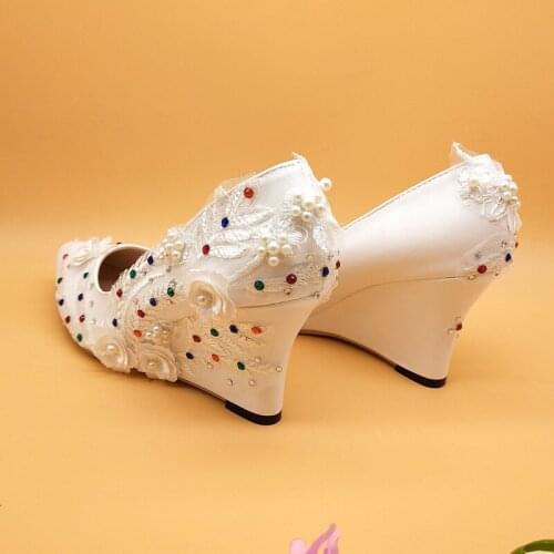 BaoYaFang 2019 New arrival flower women wedding shoes 8cm Wedges shoes woman High heels pumps Female party dress shoes