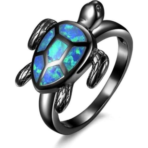 Blue Tortoise Fire Opal Ring for Women Black Jewelry Engagement Animal Design Finger Turtle Ring