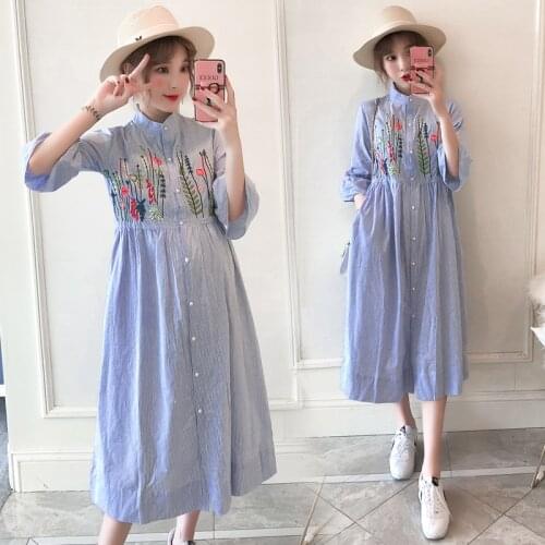 709# Summer Fashion Embroidery Striped Cotton Maternity Long Dress Casual A Line Loose Clothes for Pregnant Women 4XL Pregnancy