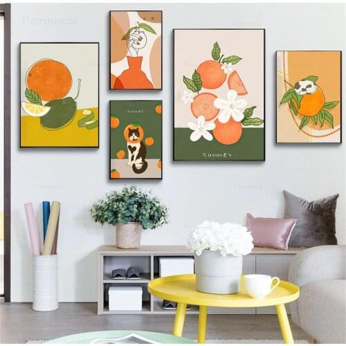 Abstract Orange Wall Art Print Green Leaf Flower Poster Cut Canvas Painting Nordic Pictures Modern Living Room Home Decoration