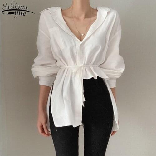 Korean Cotton Solid Color Irregular Design Belt Waist Womens White Shirts Long Sleeve Personality Fashion Women Blouses 12514