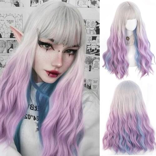 HOUYAN Long wavy curly synthetic wig silver white pink blue mixed color bangs wig party Lolita heat-resistant synthetic ladies w