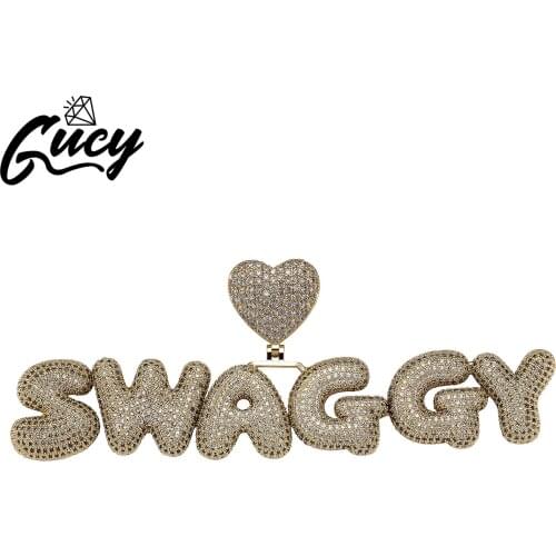 GUCY A-Z Custom Name Heart Bubble Letters Pendant & Necklace Charm Mens Cubic Zirconal Hip Hop Jewelry Gift
