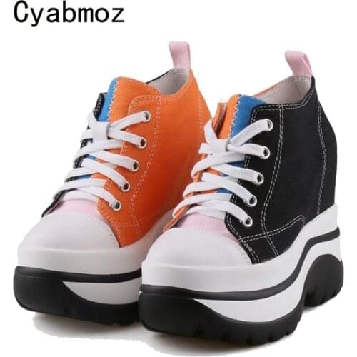 Cyabmoz Canvas Shoes Woman Sneakers High heels Pumps Height increasing Mixed colors Platform Fashion Casual Women Ladies Shoes
