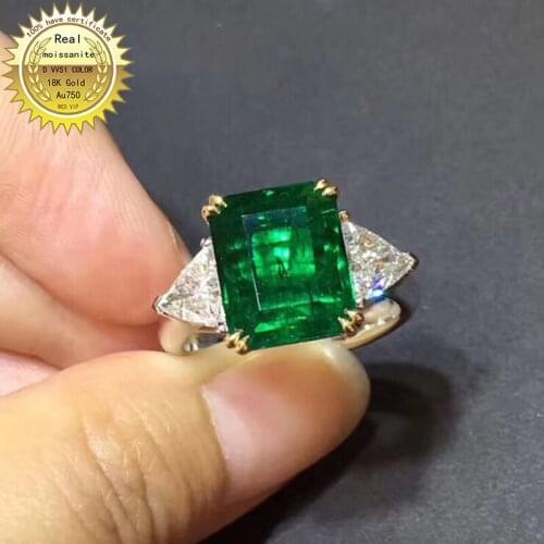 18K Gold ring Lab Created 3ct Emerald and white Diamond Ring With national certificate