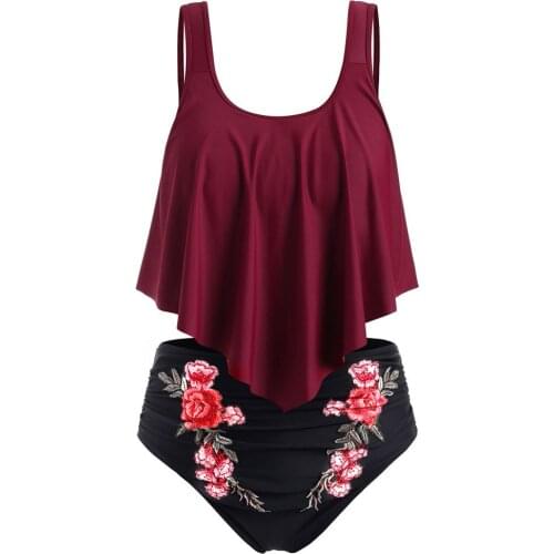 L-5XL Plus Size Women Sexy Ruffled Sleeves Hem Rose Print Solid Color Push-Up Padded Bra Overlay Embroidery Bikini Sets Swimsuit