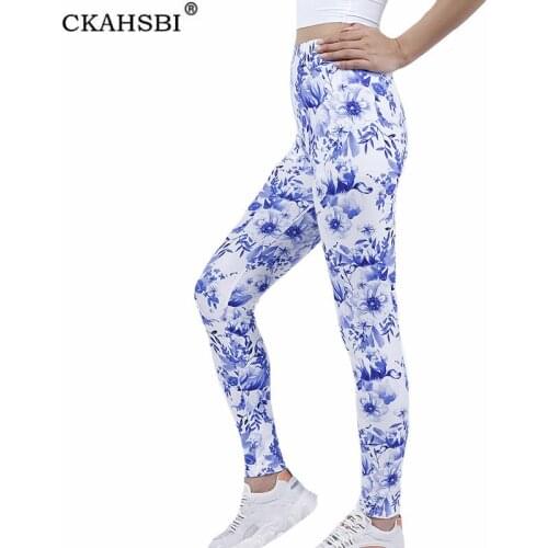 CKAHSBI Yoga Pants White Blue Leaves Leggings High Waist Fitness Running Sportswear Push Up Workout Sport Training Women Gym