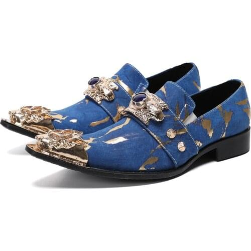 Fashion Trending Men Party Leather Shoes Metal Pointed Toe Plus Size Mens Flats Shoes Casual Business Wedding Male Suits Shoes