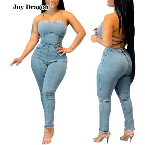 Fashion Summer 2021 Women Denim Jumpsuit Plus Size Backless Long Bodysuit Sexy Club Rompers Playsuits Ladies Suspender Outfit