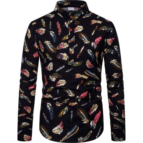 Mens Long-sleeved Shirt Men Print Fashion Causal Stand Collar Shirt