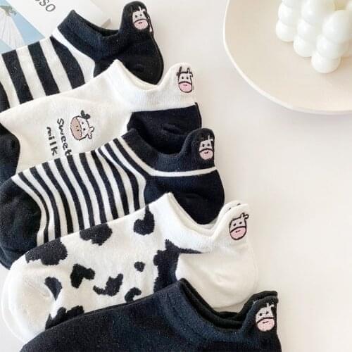 Ankle socks cartoon animal print cow white striped cute calcetines kawaii woman harajuku kobieta skarpety socken designer cotton