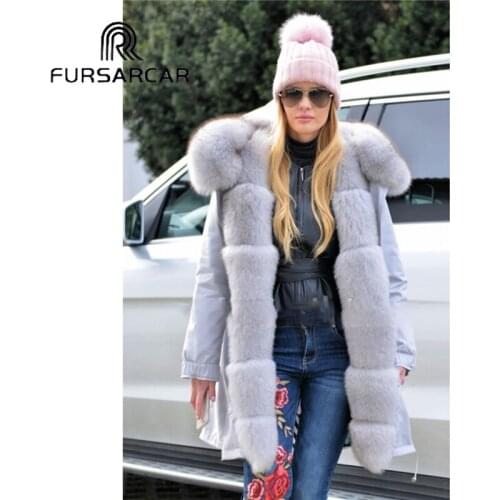 FURSARCAR Military Style Real Fur Parka Women 80 CM Mid-Long Winter Coat With Fox Fur Collar And Cuff Fashion Warm Fox Fur Parka