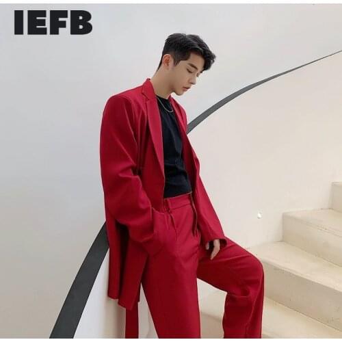 IEFB Mens Clothing Red Temperament Show Ribbon Design Mid Length Suit Coat Single Breasted 2021 New Long Sleeve Blazer 9Y7073