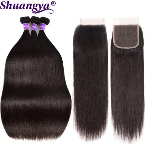 4 Pcs/Lot Malaysian Straight Hair With Closure 100% Human Hair 3 Bundles With Middle/Free Part Closure Alimog Remy Hair