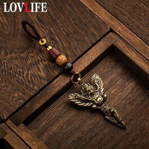Retro Brass God of Eagle Cross Vajry Pestle Key Chain Pendant Lucky Feng Shui Charm Copper Handmade Braided Rope Lanyard Keyring