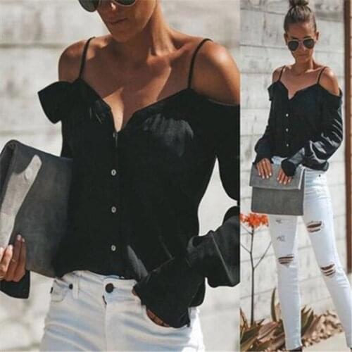 Sexy Solid Blouse Women Autumn Long Sleeved Shirts Tops Fashion Off Shoulder Button Blouses Strapless Slash Neck Blouse Clothes