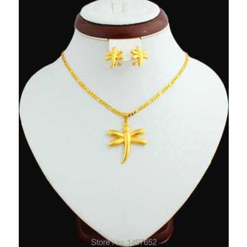 Dragonfly Earrings Pendant Set Jewelry / Gold Color Animal Earring Women Wedding Nigeria African Ethiopian Gift