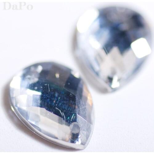 100pcs Clear White 10x14mm Teardrop Shape Flatback Two Hole Hand Sewing Rhinestones Crystal Sew-On Dress jewellery Acrylic Stone