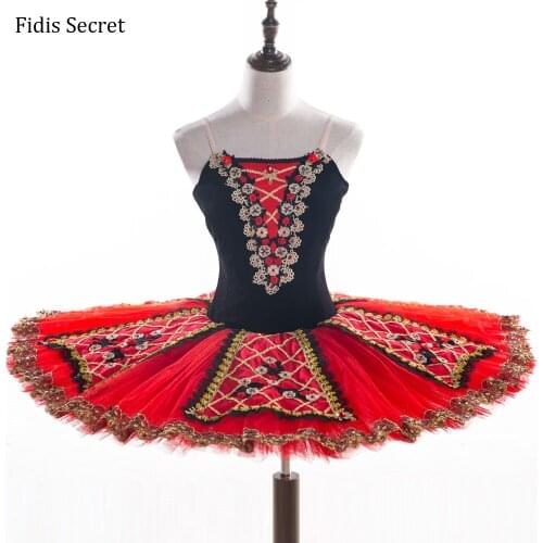 High Quality Classical Pancake Ballet Tutu,Black Velvet Bodice w/Red Tutu Overlay,Girls Ballerina Stage Performance Costumes