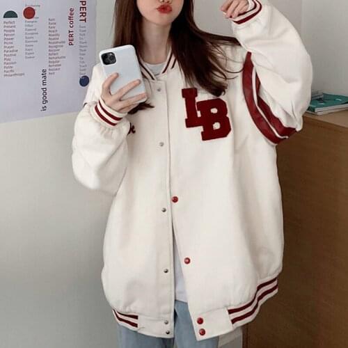 Women Oversized Baseball Jackets Striped Long Sleeve Letter Embroidery Hip Hop Jackets White Black