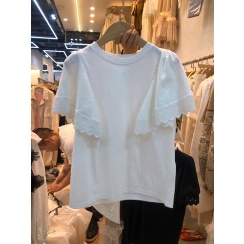 Cotton Tshirt Women 2020 Summer New Sweet Lace Round Neck Short Sleeve T-shirt Womens Solid Color All-match Top T Shirt