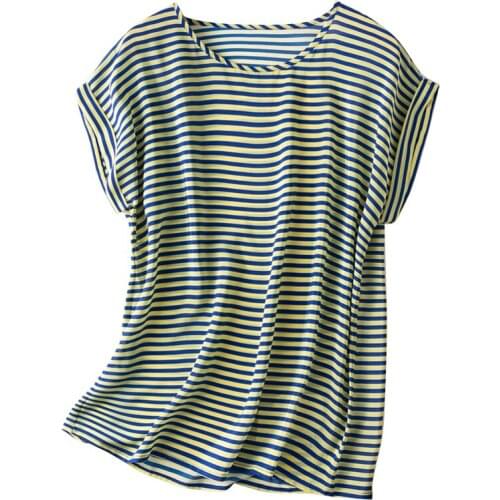 Women Summer 100% Silk Blouse Short Sleeve Casual Elegant Striped Print Blouses Tops