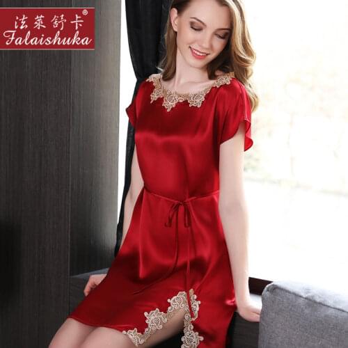 100% genuine silk nightgowns women sexy lace o-neck sleeping dress pure color elegance sleepwear pijamas women nighty