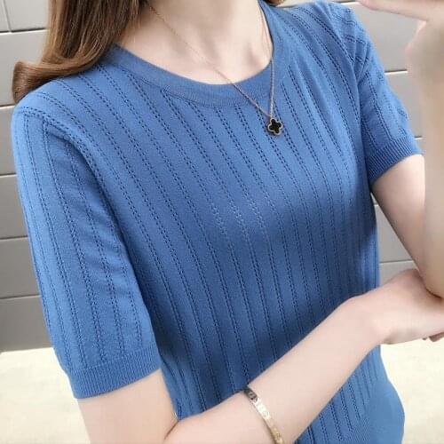 Ice Silk Short Sleeve OL T-shirt Women 2021 Summer New Round Neck Pullover Hollow Knitted Sleeve Thin Y2k Tops Korean Fashion
