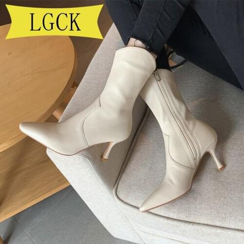 Plus Size 34-40 Women Ankle Boots Beige High Heels Sock Boots Pointed Toe Thin Heels Zipper Boots Lady Autumn Winter Party Shoes