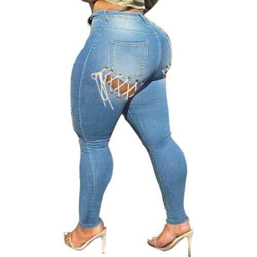 Women High Waist Jeans Back Hips Bandage Lace Up Elastic Skinny Pencil Pants Female Plus Size Zipper Wash Denim Trousers