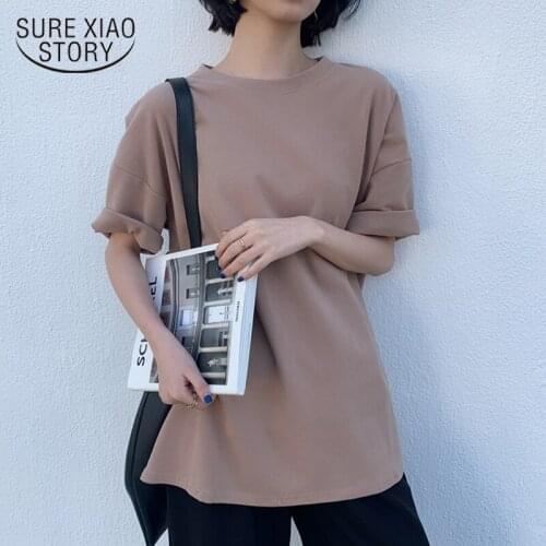 New Cotton Summer Shirts Women Solid Plus Size Women Tops And Blouse Short Sleeve Casual Loose O Neck Khaki Shirt Women 8779 50