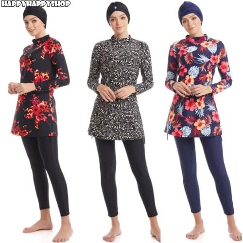 Women 3 Pieces Sports Sets Printed Floral Full Body Swimsuit Swimwear Plus Size Long Tops And Pants Modesty Burkinis Costumes