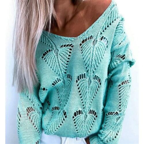 2021 Autumn Women Fashion Long Sleeve V-neck Loose Pullovers Hollow Out Design Tops Casual Solid Knitted Sweater