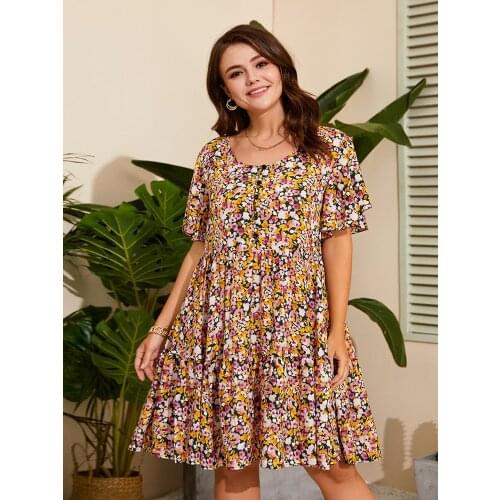 2021 summer plus size dress 4XL-7XL fashion female round neck short sleeve waist waist chiffon floral over-the-knee dress