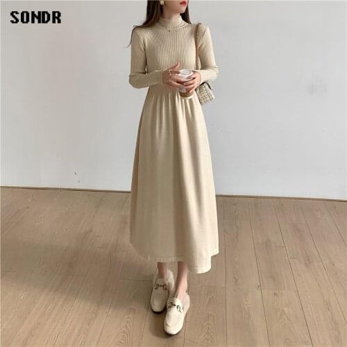High Neck Long Sleeve Knitted Dress WomenS 2020 Autumn Winter New Korean One-Piece Black Inner Base Sweater Dress Long Dresses
