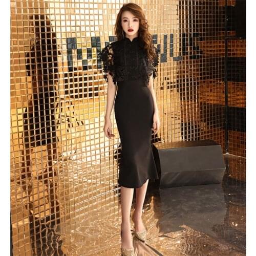 Its YiiYa Evening Dress Floral Lace Splicing Standing Collar Long Women Party Dress Mermaid Robe de Soiree Plus Size 2019 E474