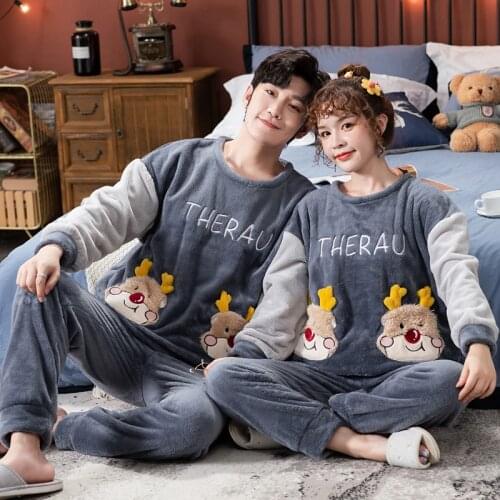 Winter Thick Warm Flannel Pajamas Suit Men Long Sleeved Pyjamas Women Coral Velvet Sleepwear Lounge Set Homewear Couple Clothes