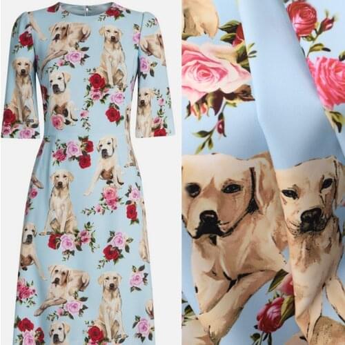 2 colors Fashion Rose dog digital painting fine twill satin fabric for dress plush fabrics tissu au metre telas tissus patchwork