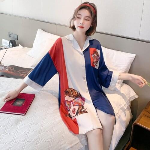 2021 Womens Sleep Tops Underwear Solid Color Sleeping Shirt Half Sleeve Single Breasted Loose Nightshirt for Home Wear Lounge