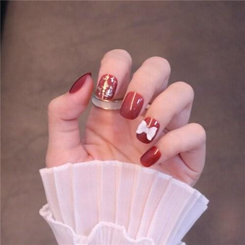 24pcs Red Bow Wear Short Paragraph Fashion Manicure Patch False Nails Save Time Wearable Nail Patch Fake Nails