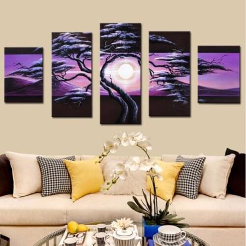 5 Pcs Hand Printed Purple Pine Tree Sunrise Landscape Canvas Wall Art Room Decor Picture Modern Abstract Painting